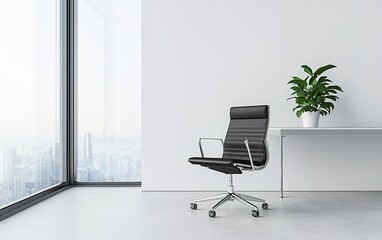 Modern office interior featuring a sleek black chair and a green plant in a bright, minimalist space with a city view