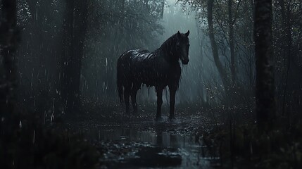 Sinister monster horse set in a dark, rainy forest, ideal for a Halloween narrative.