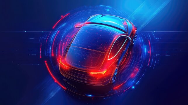 Top View of Advanced Driving Assistant System (ADAS) - Blind Spot Monitoring and Automobile Sensing Technology Illustration