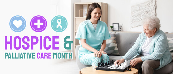Young caregiver with senior woman playing chess at home