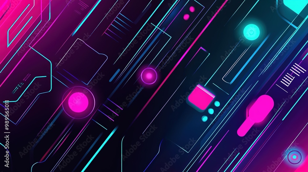Poster dynamic neon abstract lines and shapes create a vibrant digital artwork with glowing elements agains