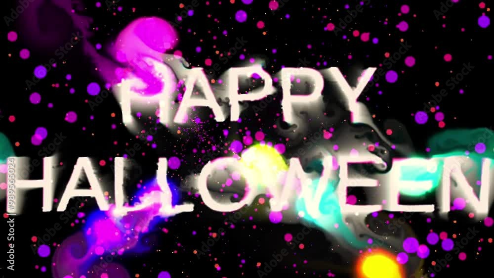 Poster bright neon 'happy halloween' text with glowing confetti and abstract splashes on a dark background.