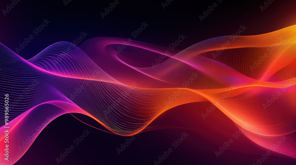 Poster Vibrant abstract wave patterns in purple and orange colors creating dynamic movement on a dark background