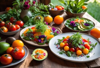 colorful plant based dishes styled bright natural light showcasing fresh ingredients artful presentation, vibrant, vegetable, meal, showcase, plate, healthy