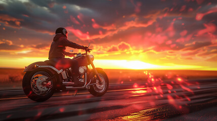 Ultra-realistic image of a biker riding a motorcycle along Route 66 during sunset, captured in a side view with dramatic lighting