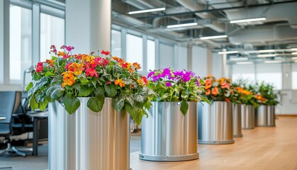 Fototapeta premium Vibrant flower planters enhancing a modern office space with colorful blooms and a bright, inviting atmosphere