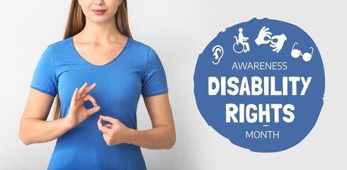Banner for Disability Rights Awareness Month with young deaf mute woman using sign language