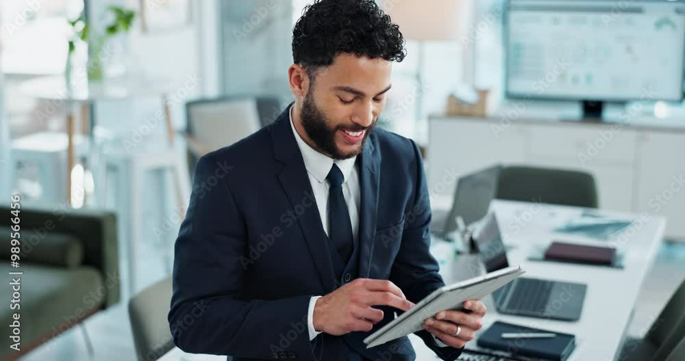 Poster business, search and businessman in office with tablet, online schedule or checking email for websit