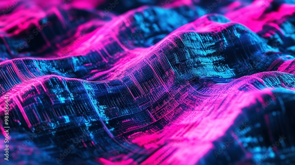Poster vibrant abstract textile patterns illuminated in shades of pink and blue, creating dynamic textures 