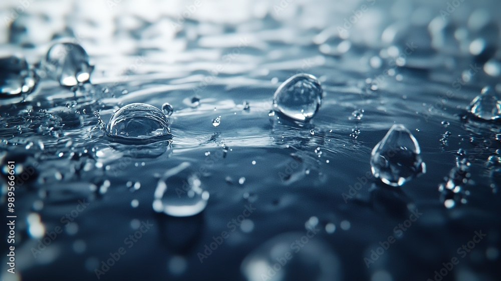 Poster raindrops creating ripples on a tranquil water surface during a gentle rainfall in a serene environm
