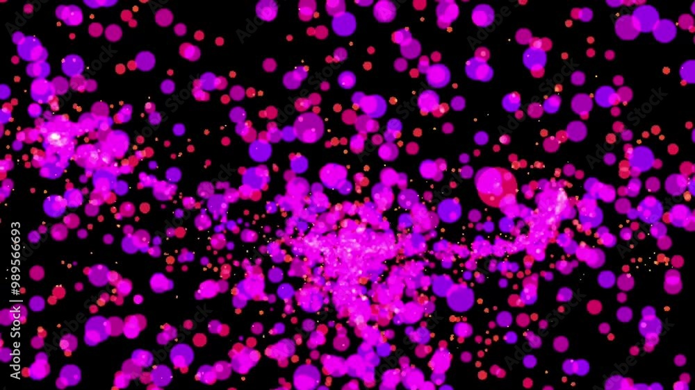 Poster bright neon pink confetti-like particles spread across a black background in an abstract explosion p