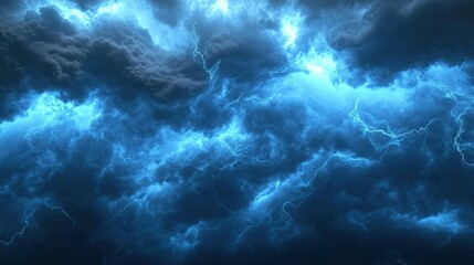 Dramatic thunderstorm with dark clouds and bright lightning illuminating the night sky over a quiet landscape