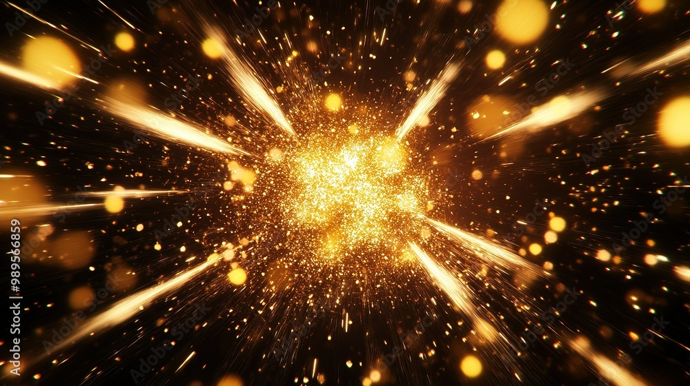 Poster golden explosion with radiant particles illuminating the dark background during a dynamic event or c