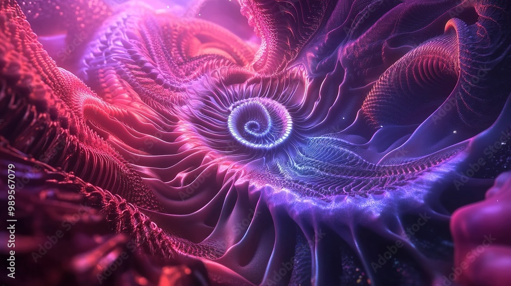 Poster colorful abstract swirling pattern resembling a spiral galaxy design with luminous textures and grad