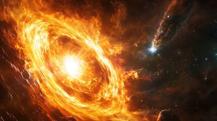 Obraz premium Magnetar with intense magnetic fields surrounded by an accretion disk and molecular cloud with a quasar and dark energy in the distance