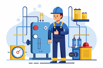 Técnico en una sala de calderas industrial, revisando un sistema de calefacción con medidores y reguladores de presión. Lleva uniforme y casco de seguridad.