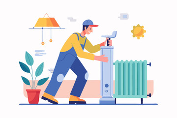 Ilustración de un técnico en interiores ajustando un radiador de calefacción. La escena muestra una planta, un radiador y un ambiente cálido y acogedor.