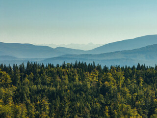 Beskid Maly aerial panorama of potrojna hill and czarny gron.Little Beskids mountain range in summer.Aerial drone view of Rzyki Village in Beskid Maly Poland.Czarny gron ski resort in Rzyki.