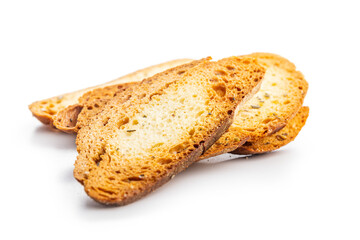 Crispy roasted bruschetta bread isolated on white background.