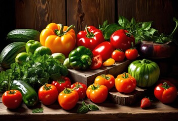 colorful assortment fresh farm fruits vegetables displayed rustic wooden table, bounty, harvest, crops, produce, organic, variety, edible, seasonal, market