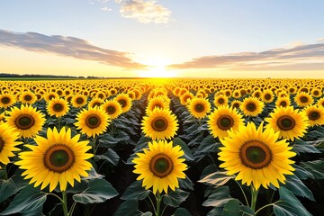 Obraz premium A vast sunflower field, glowing under the golden light of sunset, with the flowers all facing the sun as it dips below the horizon