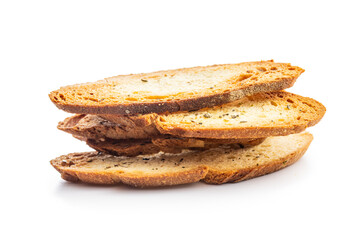 Crispy roasted bruschetta bread isolated on white background.