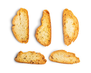 Crispy roasted bruschetta bread isolated on white background.