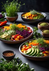 colorful plant based dishes showcasing variety textures ingredients healthy delicious meal experience, bowl, plate, vegetable, fruit, salad, grain, herb