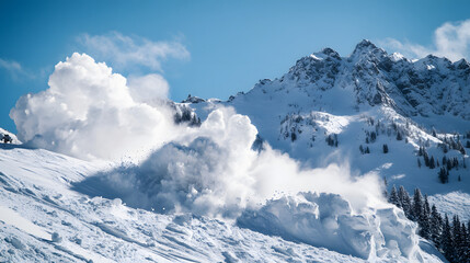 A controlled avalanche release above a ski resort with a blast sending snow tumbling down the slopes ensuring the safety of the area.