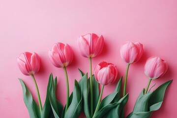 Fototapeta premium Beautiful composition spring flowers. Bouquet of pink tulips flowers on pastel pink background. Valentine's Day, Easter, Birthday, Happy Women's Day, Mother's Day. Flat lay, top view, copy space