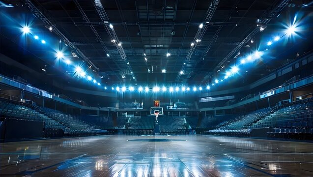 Illuminated Empty Basketball Arena Stadium with Spectator Seating - Professional Sports Ground Venue Ready for Game Night Event