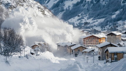 A dramatic view of an avalanche colliding with a small mountain village snow pouring through the streets and smashing into buildings.