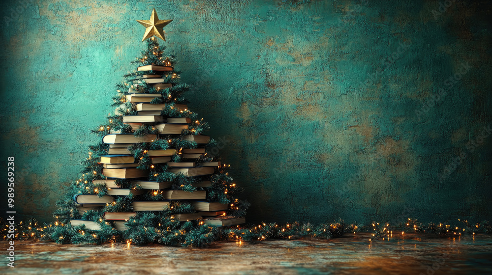 Poster This Christmas tree constructed from stacked books features a star at the top and is adorned with sparkling lights, set against a teal backdrop