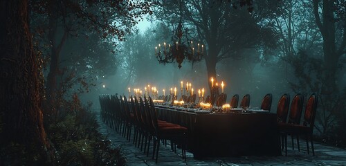 Spooky forest banquet for Halloween with candles and waiting velvet chairs.