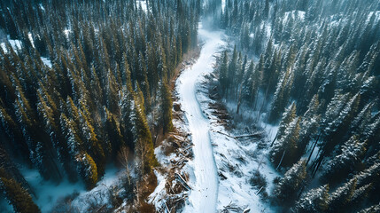 An aerial shot of an avalanche path carving through a dense forest leaving a clear trail of destruction as trees are uprooted and snow is displaced.
