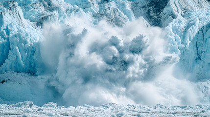 An avalanche barreling down a glacier with massive chunks of ice breaking off and tumbling down the slope.