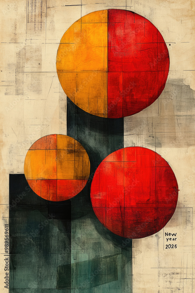 Poster three large circles in red and orange are positioned over a textured backdrop, symbolizing the arriv