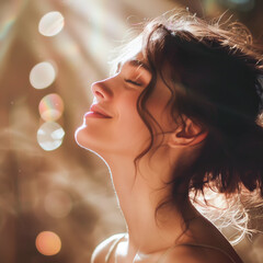 Beautiful woman raises her head slightly and closes her eyes, takes a relaxed breath through her nose and smiles