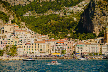 Panoramic landscape of the Amalfi coast. Houses in the mountains. A tourist place. Vacation. Italy