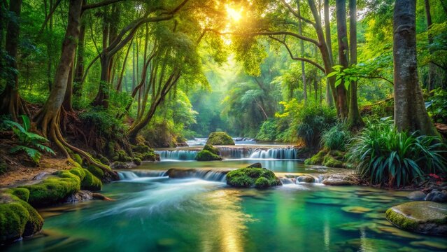 Beautiful stream painting in tropical forest - beautiful natural landscape in the forest, generative Ai