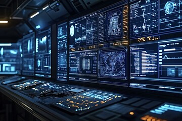 Futuristic control room in a spacecraft showing multiple screens with charts, data and a world map, suggesting advanced space exploration and navigation technologies