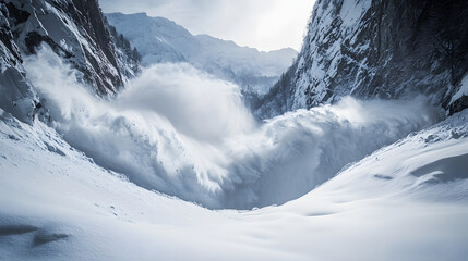 An avalanche sweeping through a mountain pass with snow forming massive waves as it rushes downhill filling the narrow gorge.
