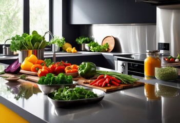 bright colorful ingredients beautifully displayed modern kitchen countertop surrounded contemporary utensils appliances, kitchenware, arrangement, decor