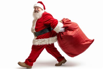 Santa Claus joyfully carries a large red sack of gifts while walking against a white background during the holiday season