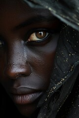 A close-up of a beautiful black woman behind a dark veil in natural lighting