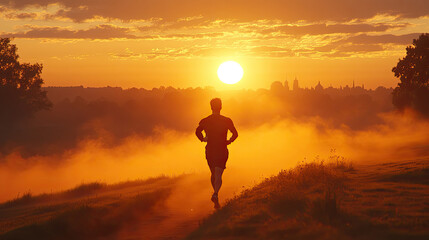 Fototapeta premium A runner strides along a foggy path, silhouetted against a vibrant sunset and city skyline, capturing the beauty of evening exercise