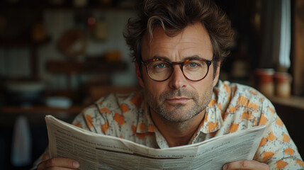 A man with glasses sits at a cafe table, intently reading a newspaper while surrounded by a warm, inviting atmosphere