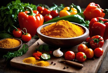 colorful arrangement vibrant spices fresh vegetables displayed wooden chopping board ready culinary preparation, asparagus, basil, beet, bell, pepper