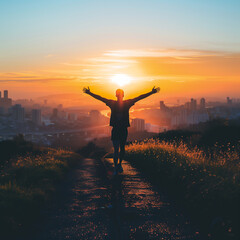 The silhouette of a sportsman, symbolizes success in exercise and fitness after running and rigorous physical workout. Athlete stands against the cityscape backdrop meets the sunrise