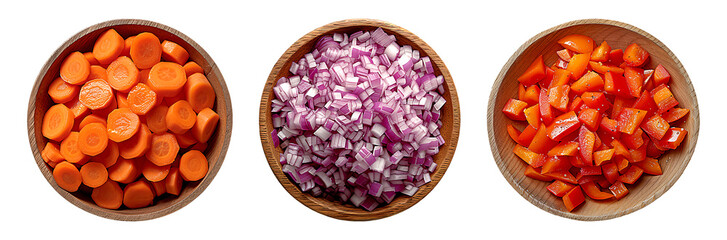 Sliced carrots, chopped red onions, and diced red bell peppers in wooden bowls offer a colorful and fresh selection of ingredients for cooking